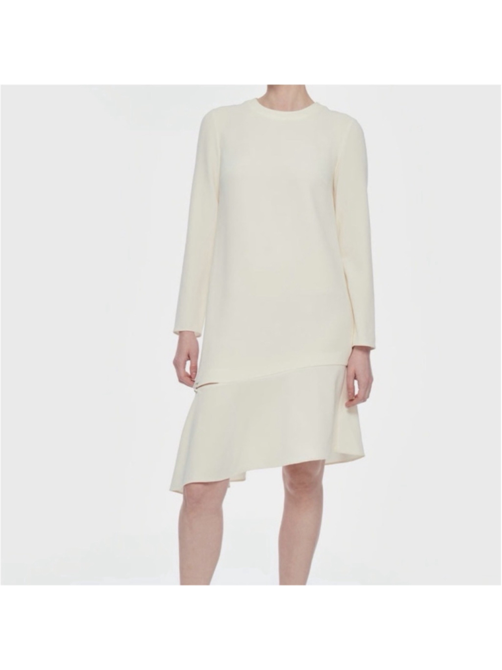 TIBI NWT Ivory Shift Dress Knee Asymmetrical Hem Staple Detail 10 Long Sleeve
